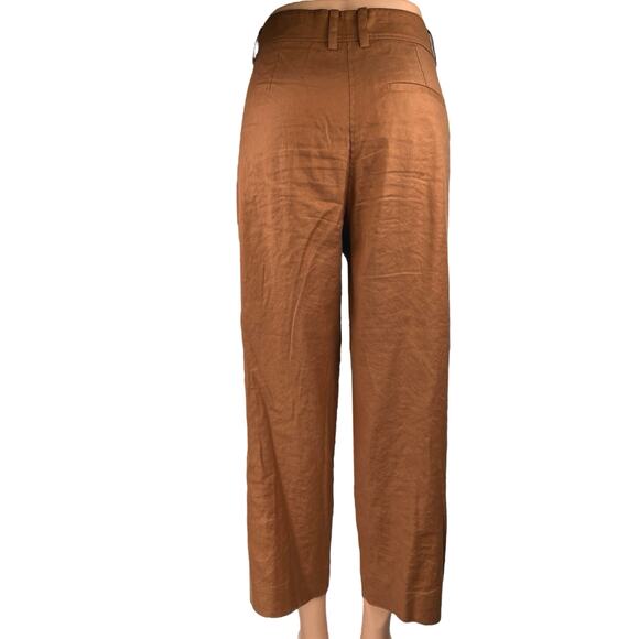 The Reset Brown Linen Pleated Straight Wide Leg Crop Trousers Dress Pants Size S - Picture 3 of 5